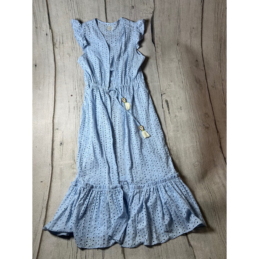 Palmacea‎ Eyelet Maxi Dress Women Medium Blue Boho Beach Cover Up Tassel Boho
